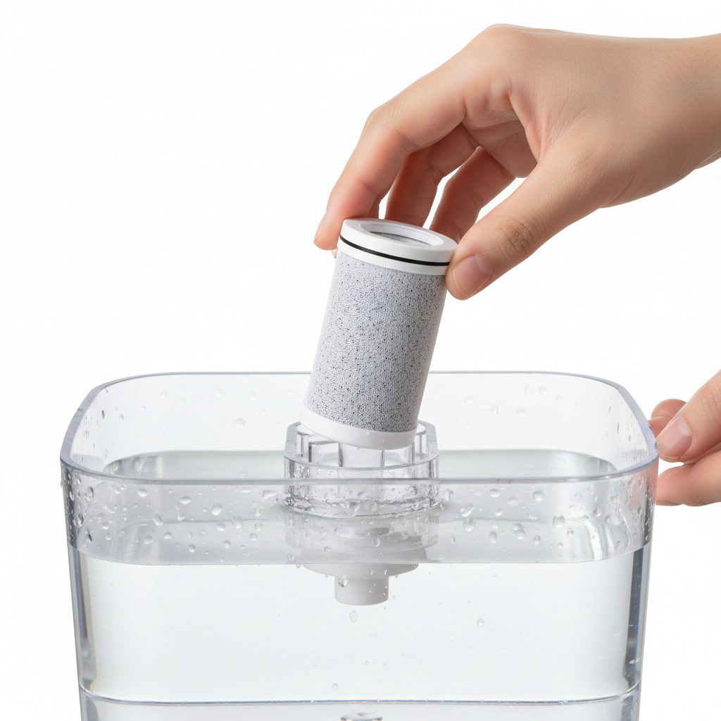 Hands replacing AquaFlow filter cartridge showing easy maintenance process