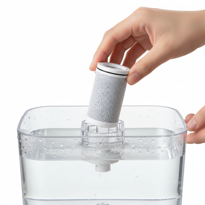Hands replacing AquaFlow filter cartridge showing easy maintenance process