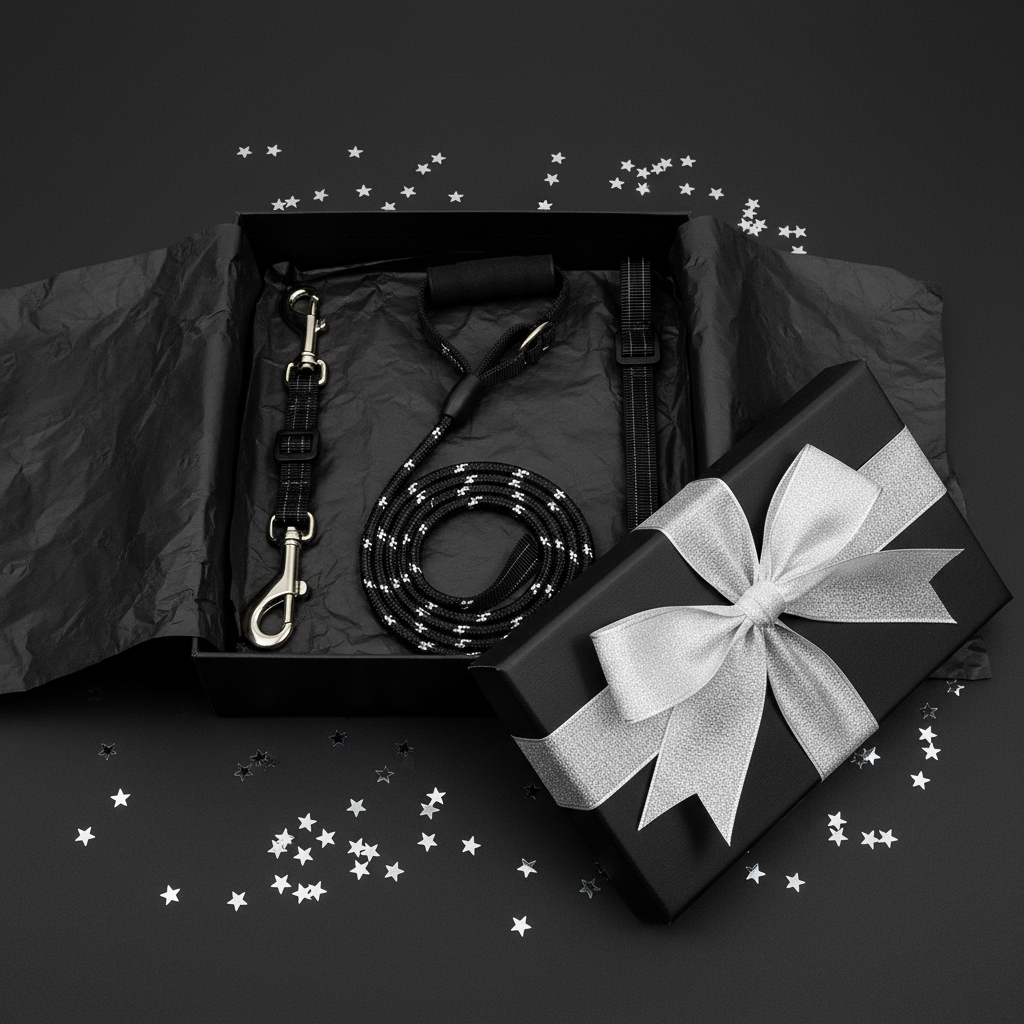TrailSet Pro gift presentation on matte black background with silver ribbon