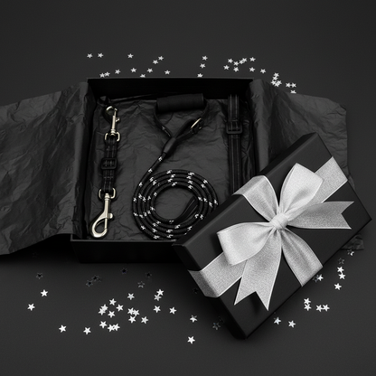 TrailSet Pro gift presentation on matte black background with silver ribbon