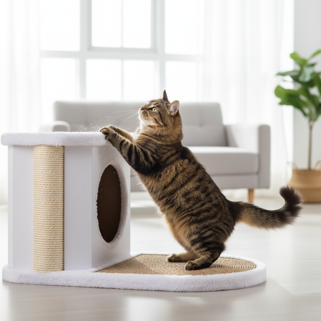 Tabby cat scratching sisal rope post on NestScratch cat house