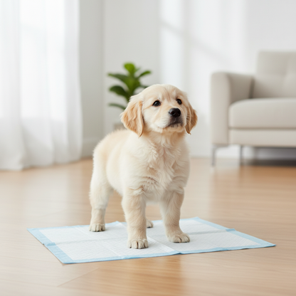 Small puppy standing on AbsorbMax training pad during toilet training