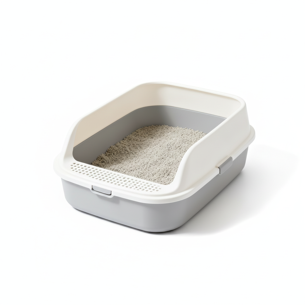 OpenAir Cat Litter Box on pure white background showing gray base and cream white high rim