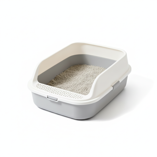 OpenAir Cat Litter Box on pure white background showing gray base and cream white high rim