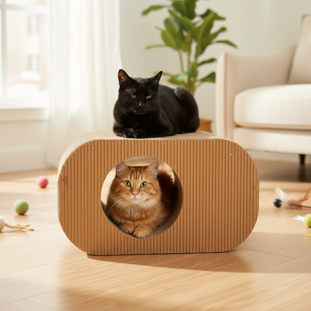 Two cats using KraftDen cat tunnel house — one inside, one on top