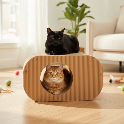 Two cats using KraftDen cat tunnel house — one inside, one on top