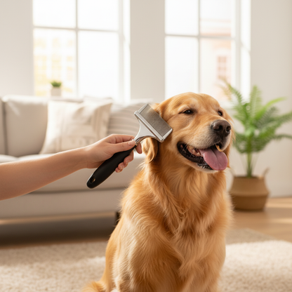 Person grooming golden retriever with ComboSet Pro wide-tooth comb
