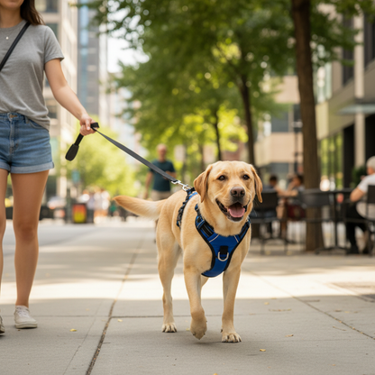 Labrador wearing SafeStep harness walking on sunny city sidewalk