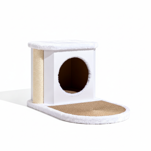 NestScratch Cat Hideout and Scratcher Set on pure white background