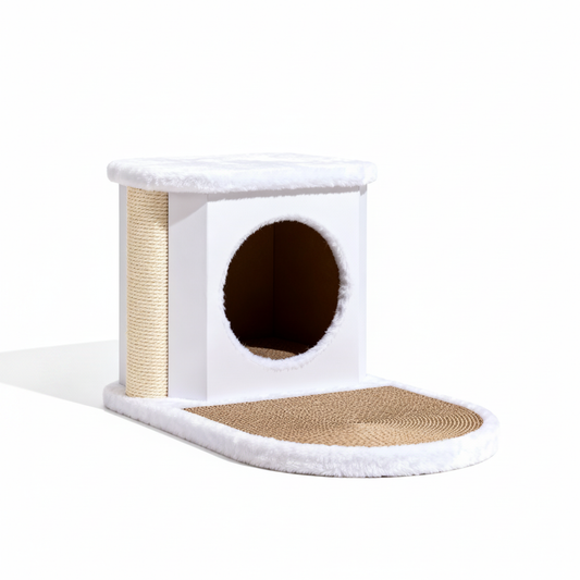 NestScratch Cat Hideout and Scratcher Set on pure white background