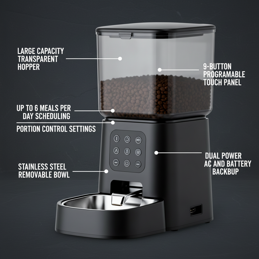 FeedMaster Pro feature infographic on dark slate background with labeled components