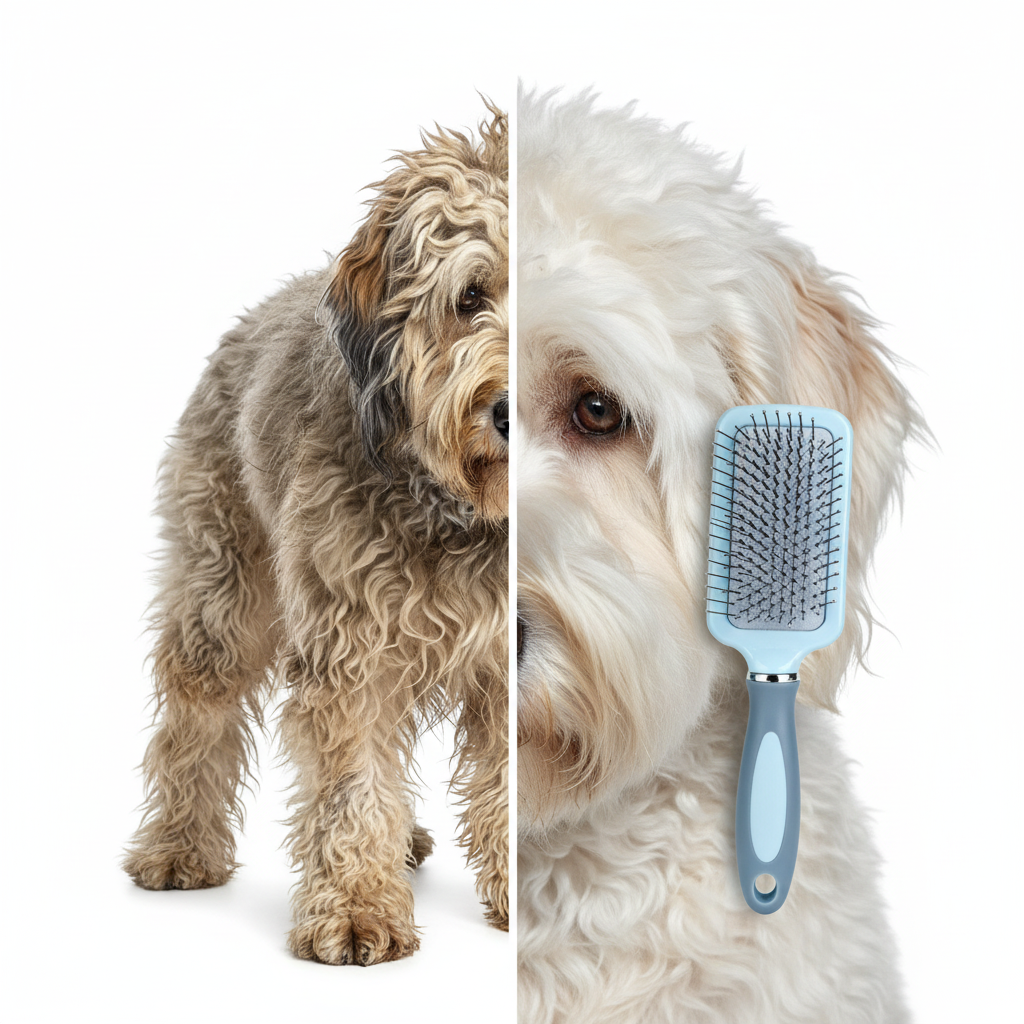 Before and after coat transformation using GroomPro grooming set