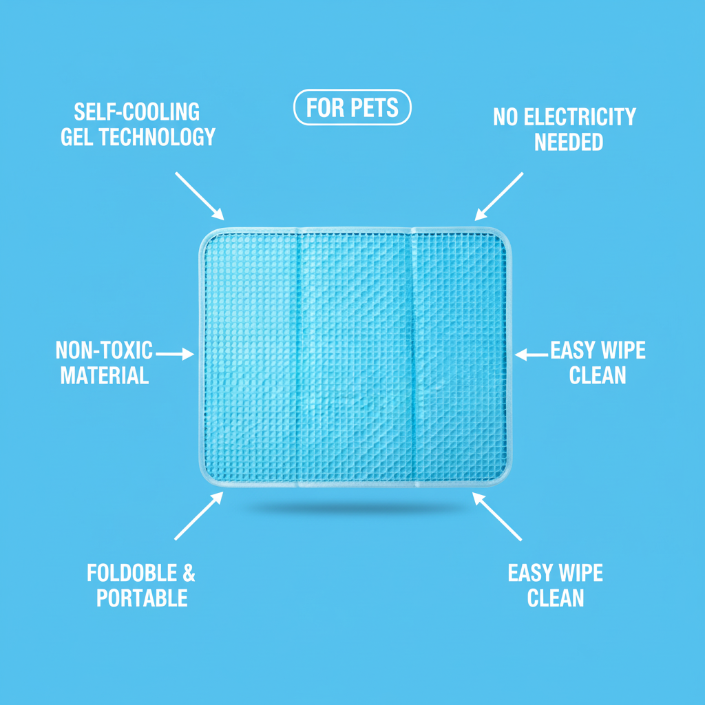 CoolPaw cooling mat feature infographic on sky blue background