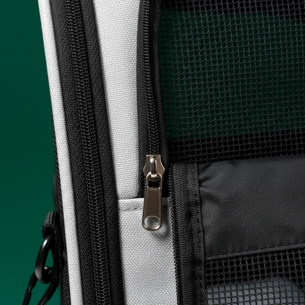 PawVenture Pro mesh ventilation and zipper close-up on emerald green background