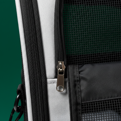PawVenture Pro mesh ventilation and zipper close-up on emerald green background