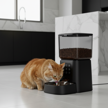 Cat eating kibble dispensed by FeedMaster Pro automatic feeder in apartment kitchen