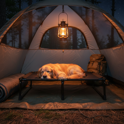 Dog resting on TrailRest Pro cot bed inside camping tent